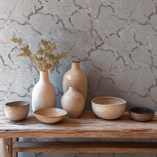 A Japandi stílus csúcsa! Varázslatos japán cseresznyevirágzás lágy szürkéskék halvány rózsaszín fehér és ezüst tónus fémes hatás tapéta