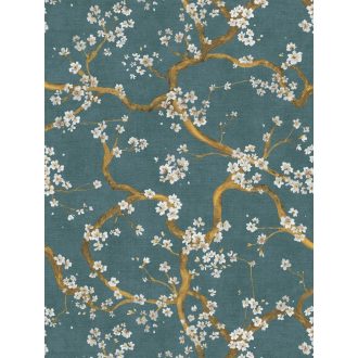   A Japandi stílus csúcsa! Varázslatos japán cseresznyevirágzás mélyzöld-türkiz hófehér és aranyszín tónus fémes hatás tapéta