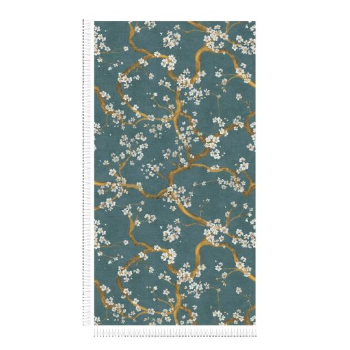 A Japandi stílus csúcsa! Varázslatos japán cseresznyevirágzás mélyzöld-türkiz hófehér és aranyszín tónus fémes hatás tapéta