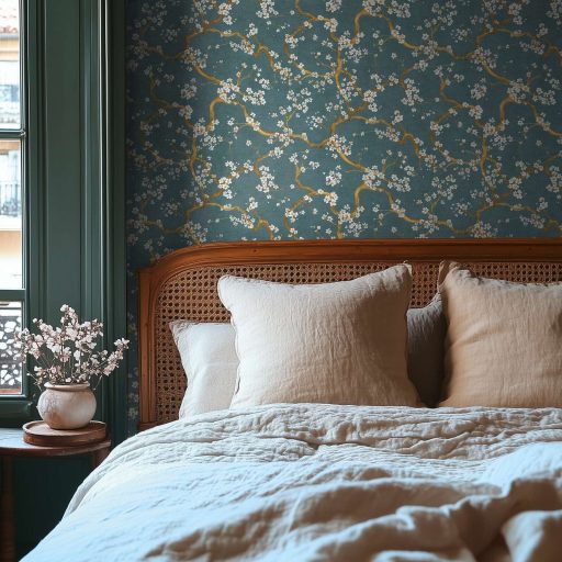 A Japandi stílus csúcsa! Varázslatos japán cseresznyevirágzás mélyzöld-türkiz hófehér és aranyszín tónus fémes hatás tapéta