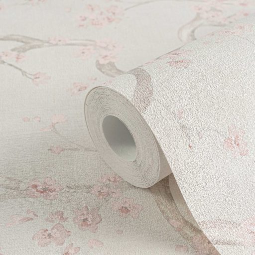 A Japandi stílus csúcsa! Varázslatos japán cseresznyevirágzás krém bézs lágy szürke és halvány rózsaszín tónus tapéta