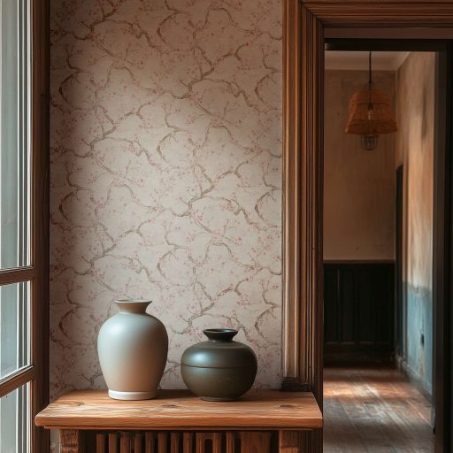 A Japandi stílus csúcsa! Varázslatos japán cseresznyevirágzás krém bézs lágy szürke és halvány rózsaszín tónus tapéta