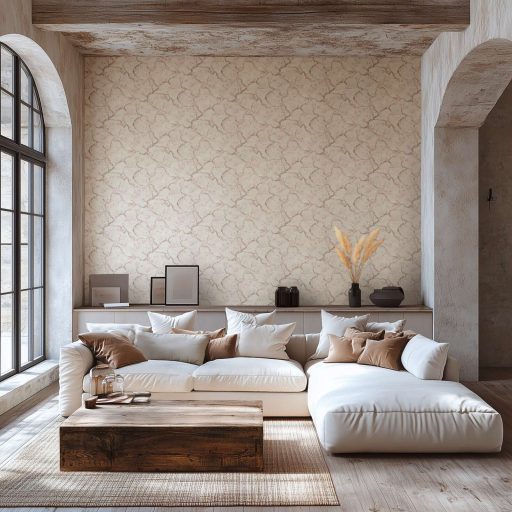 A Japandi stílus csúcsa! Varázslatos japán cseresznyevirágzás krém bézs lágy szürke és halvány rózsaszín tónus tapéta