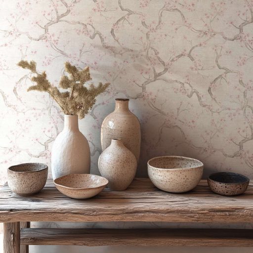 A Japandi stílus csúcsa! Varázslatos japán cseresznyevirágzás krém bézs lágy szürke és halvány rózsaszín tónus tapéta