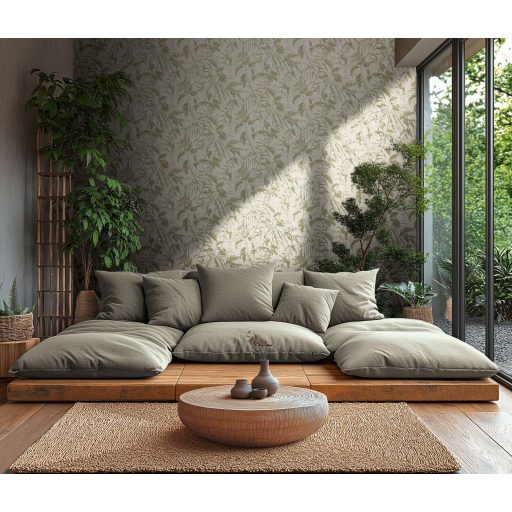 Elbűvölő és romantikus botanikus kert lenyomata krém lágy bézs zöld és arany tónus fémes hatás tapéta