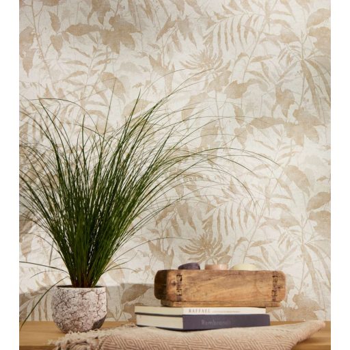 Elbűvölő és romantikus botanikus kert lenyomata fehér krém pasztell bézs és bézsarany tónus fémes hatás tapéta
