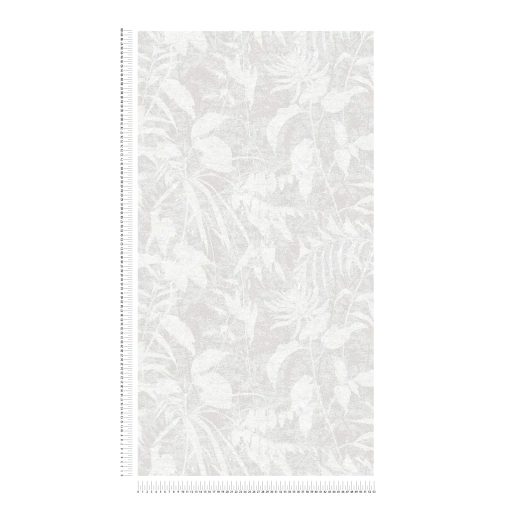 Elbűvölő és romantikus botanikus kert lenyomata fehér világosszürke és finom ezüst tónus fémes hatás tapéta