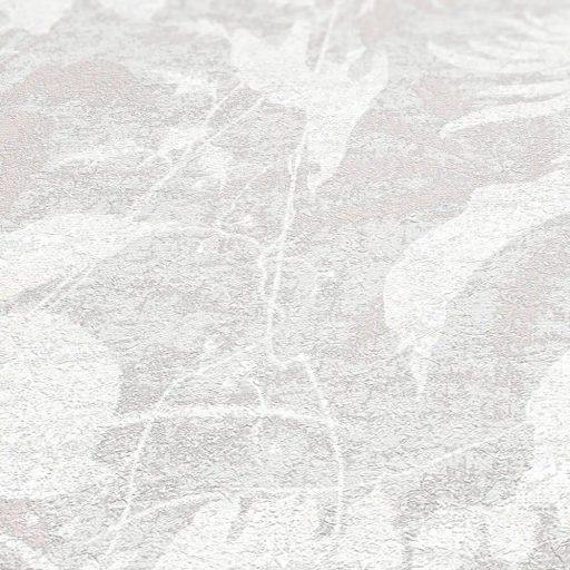 Elbűvölő és romantikus botanikus kert lenyomata fehér világosszürke és finom ezüst tónus fémes hatás tapéta