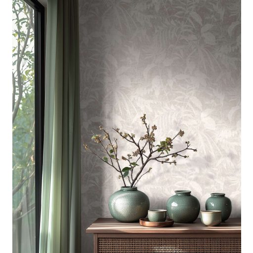 Elbűvölő és romantikus botanikus kert lenyomata fehér világosszürke és finom ezüst tónus fémes hatás tapéta