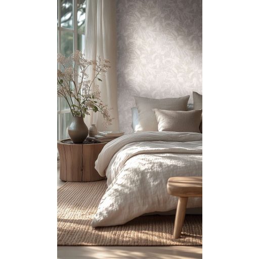 Elbűvölő és romantikus botanikus kert lenyomata fehér világosszürke és finom ezüst tónus fémes hatás tapéta