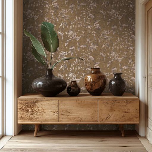 Elbűvölő és romantikus botanikus kert lenyomata földszín árnyalatú barna fehéres-rózsaszín és roségold tónus fémes hatás tapéta