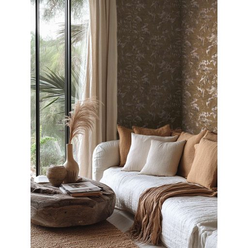 Elbűvölő és romantikus botanikus kert lenyomata földszín árnyalatú barna fehéres-rózsaszín és roségold tónus fémes hatás tapéta