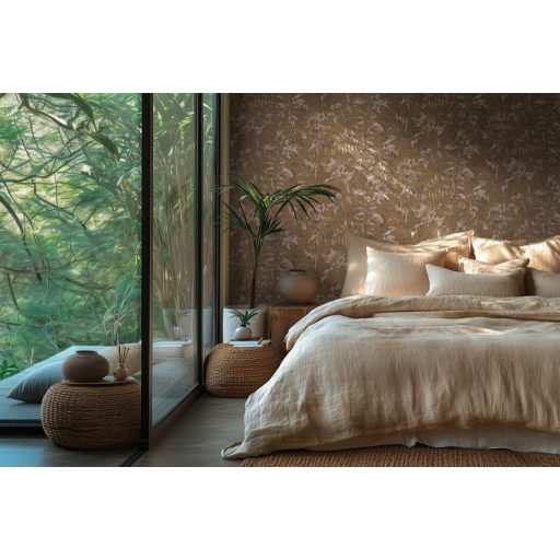 Elbűvölő és romantikus botanikus kert lenyomata földszín árnyalatú barna fehéres-rózsaszín és roségold tónus fémes hatás tapéta