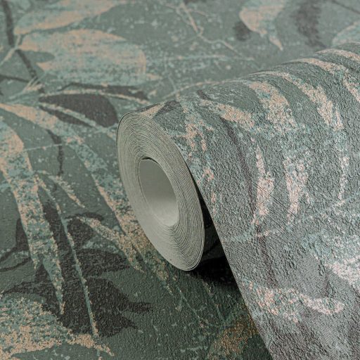 Elbűvölő és romantikus botanikus kert lenyomata türkiz kékeszöld homokszín és arany tónus fémes hatás tapéta