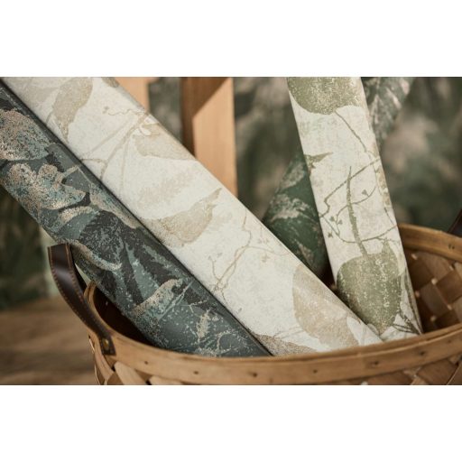 Elbűvölő és romantikus botanikus kert lenyomata türkiz kékeszöld homokszín és arany tónus fémes hatás tapéta