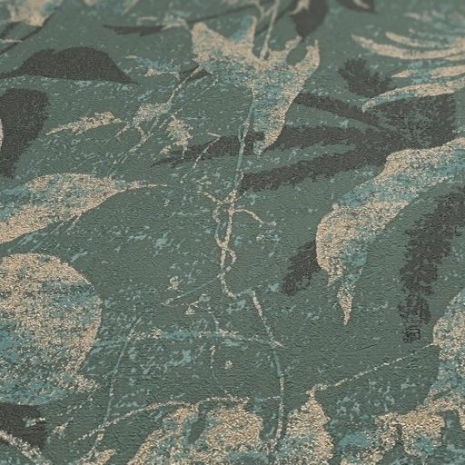 Elbűvölő és romantikus botanikus kert lenyomata türkiz kékeszöld homokszín és arany tónus fémes hatás tapéta