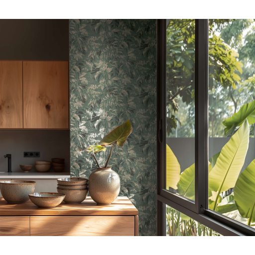 Elbűvölő és romantikus botanikus kert lenyomata türkiz kékeszöld homokszín és arany tónus fémes hatás tapéta