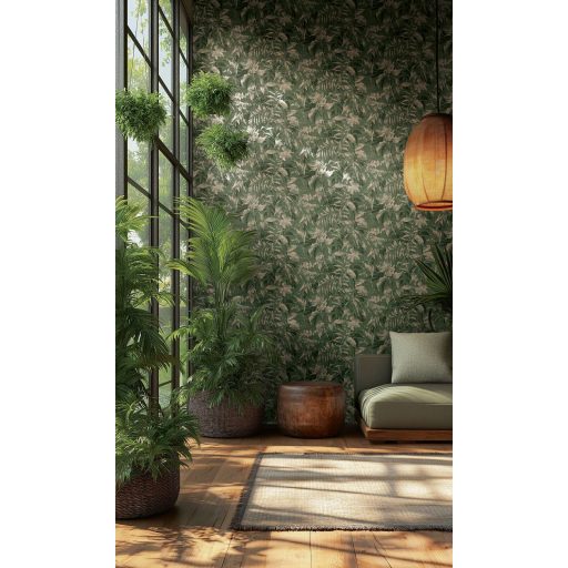 Elbűvölő és romantikus botanikus kert lenyomata mohazöld rózsaszínes-ezüst és roségold tónus fémes hatás tapéta