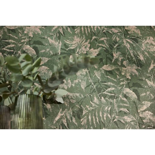 Elbűvölő és romantikus botanikus kert lenyomata mohazöld rózsaszínes-ezüst és roségold tónus fémes hatás tapéta