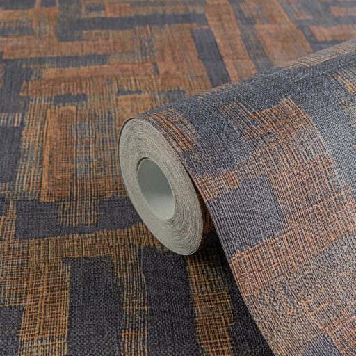 Modern kissé absztrakt keresztszövésű texturált minta mélykék és bronzbarna tónus tapéta