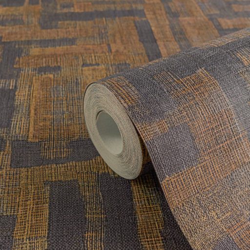 Modern kissé absztrakt keresztszövésű texturált minta sötétszürke/antracit barna arany és bronz tónus fémes hatás tapéta