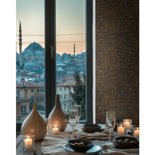 Modern kissé absztrakt keresztszövésű texturált minta sötétszürke/antracit barna arany és bronz tónus fémes hatás tapéta