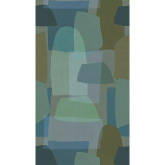   Geometrikus formák és lágy vonalak absztrakt kompozíciója kék zöld türkiz és olívzöld tónus falpanel