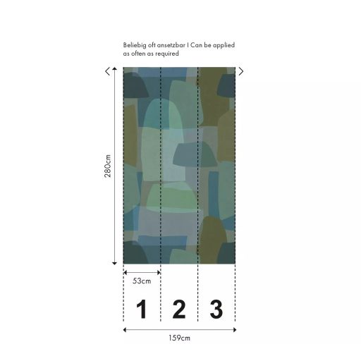 Geometrikus formák és lágy vonalak absztrakt kompozíciója kék zöld türkiz és olívzöld tónus falpanel