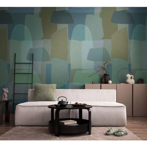 Geometrikus formák és lágy vonalak absztrakt kompozíciója kék zöld türkiz és olívzöld tónus falpanel