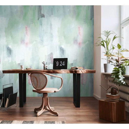 Magával ragadó ecsetvonásokkal kialakított absztrakt minta halványzöld szürke fehér és rózsaszín tónus falpanel