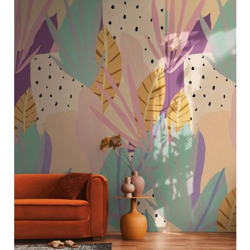 Trópusi hangulat - Stilizált pálma és banán levelek organikus formákkal kombinálva mentazöld lila homok rózsaszín és arany tónus falpanel