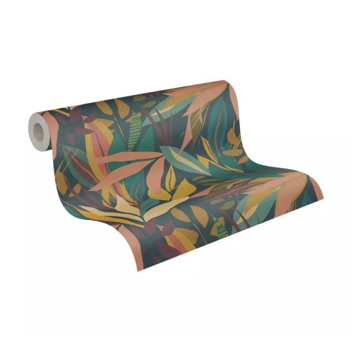 Trópusi hangulatú stilizált botanikai minta sötétzöld narancs bordó sárga és zöld tónus tapéta