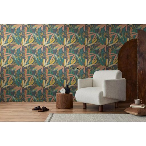 Trópusi hangulatú stilizált botanikai minta sötétzöld narancs bordó sárga és zöld tónus tapéta