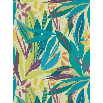   Trópusi hangulatú stilizált botanikai minta krémszín türkiz lime zöld lila és narancssárga tónus tapéta