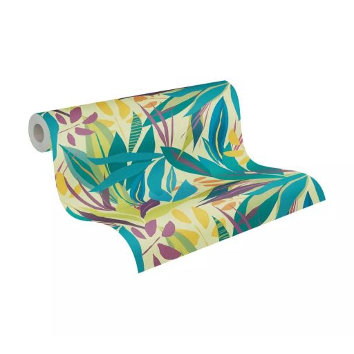 Trópusi hangulatú stilizált botanikai minta krémszín türkiz lime zöld lila és narancssárga tónus tapéta