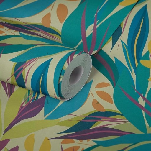 Trópusi hangulatú stilizált botanikai minta krémszín türkiz lime zöld lila és narancssárga tónus tapéta