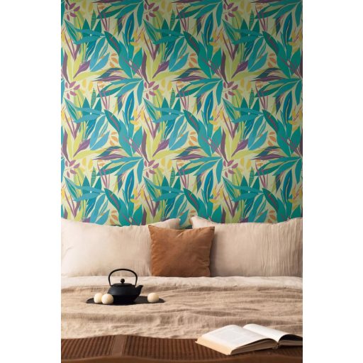 Trópusi hangulatú stilizált botanikai minta krémszín türkiz lime zöld lila és narancssárga tónus tapéta