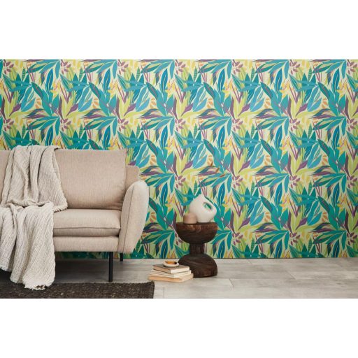 Trópusi hangulatú stilizált botanikai minta krémszín türkiz lime zöld lila és narancssárga tónus tapéta