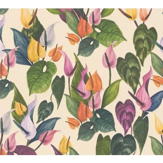   Dekoratív trópusi virágminta flamingóvirággal és Monsterával krémszín rózsaszín sárga narancs mély és világoszöld tónus tapéta