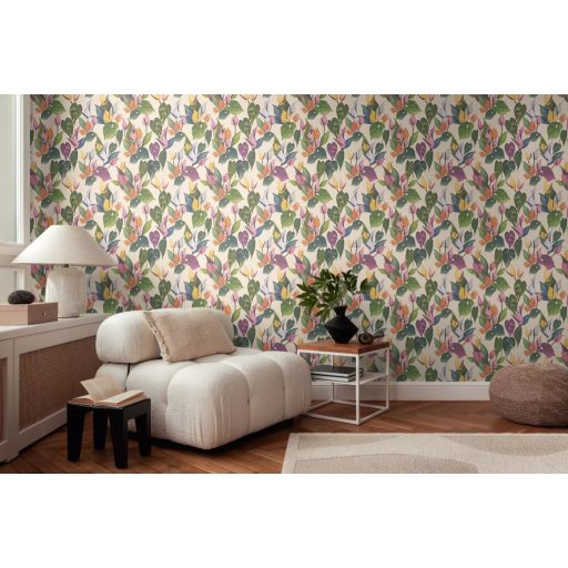 Dekoratív trópusi virágminta flamingóvirággal és Monsterával krémszín rózsaszín sárga narancs mély és világoszöld tónus tapéta