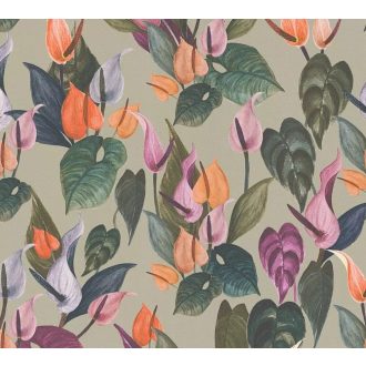   Dekoratív trópusi virágminta flamingóvirággal és Monsterával szürke korall rózsaszín halvány lila és mélyzöld tónus tapéta