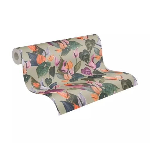 Dekoratív trópusi virágminta flamingóvirággal és Monsterával szürke korall rózsaszín halvány lila és mélyzöld tónus tapéta