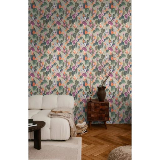 Dekoratív trópusi virágminta flamingóvirággal és Monsterával szürke korall rózsaszín halvány lila és mélyzöld tónus tapéta