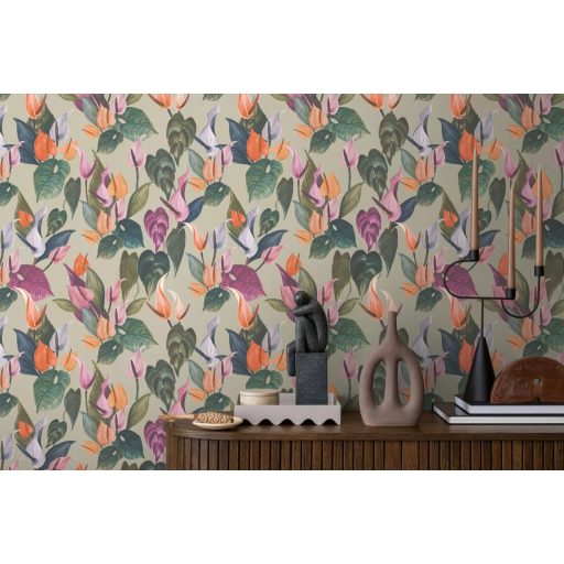 Dekoratív trópusi virágminta flamingóvirággal és Monsterával szürke korall rózsaszín halvány lila és mélyzöld tónus tapéta