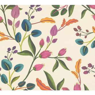   Festett színes és bájos botanikai virágminta krémszín rózsaszín türkiz narancssárga és lila tónus tapéta
