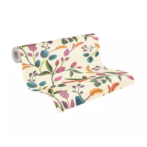 Festett színes és bájos botanikai virágminta krémszín rózsaszín türkiz narancssárga és lila tónus tapéta