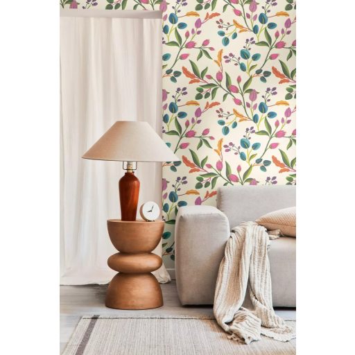 Festett színes és bájos botanikai virágminta krémszín rózsaszín türkiz narancssárga és lila tónus tapéta