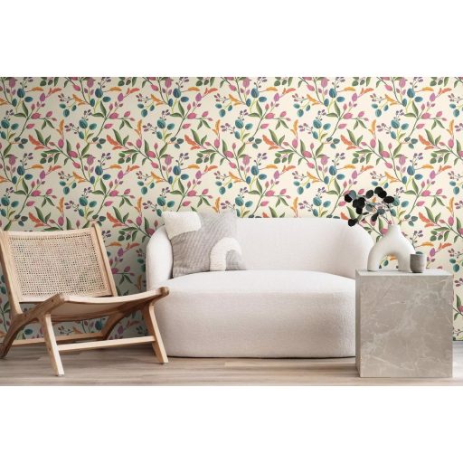 Festett színes és bájos botanikai virágminta krémszín rózsaszín türkiz narancssárga és lila tónus tapéta