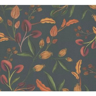   Festett színes és bájos botanikai virágminta mély szürkészöld bordó terrakotta okker és zöld tónus tapéta