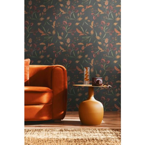 Festett színes és bájos botanikai virágminta mély szürkészöld bordó terrakotta okker és zöld tónus tapéta